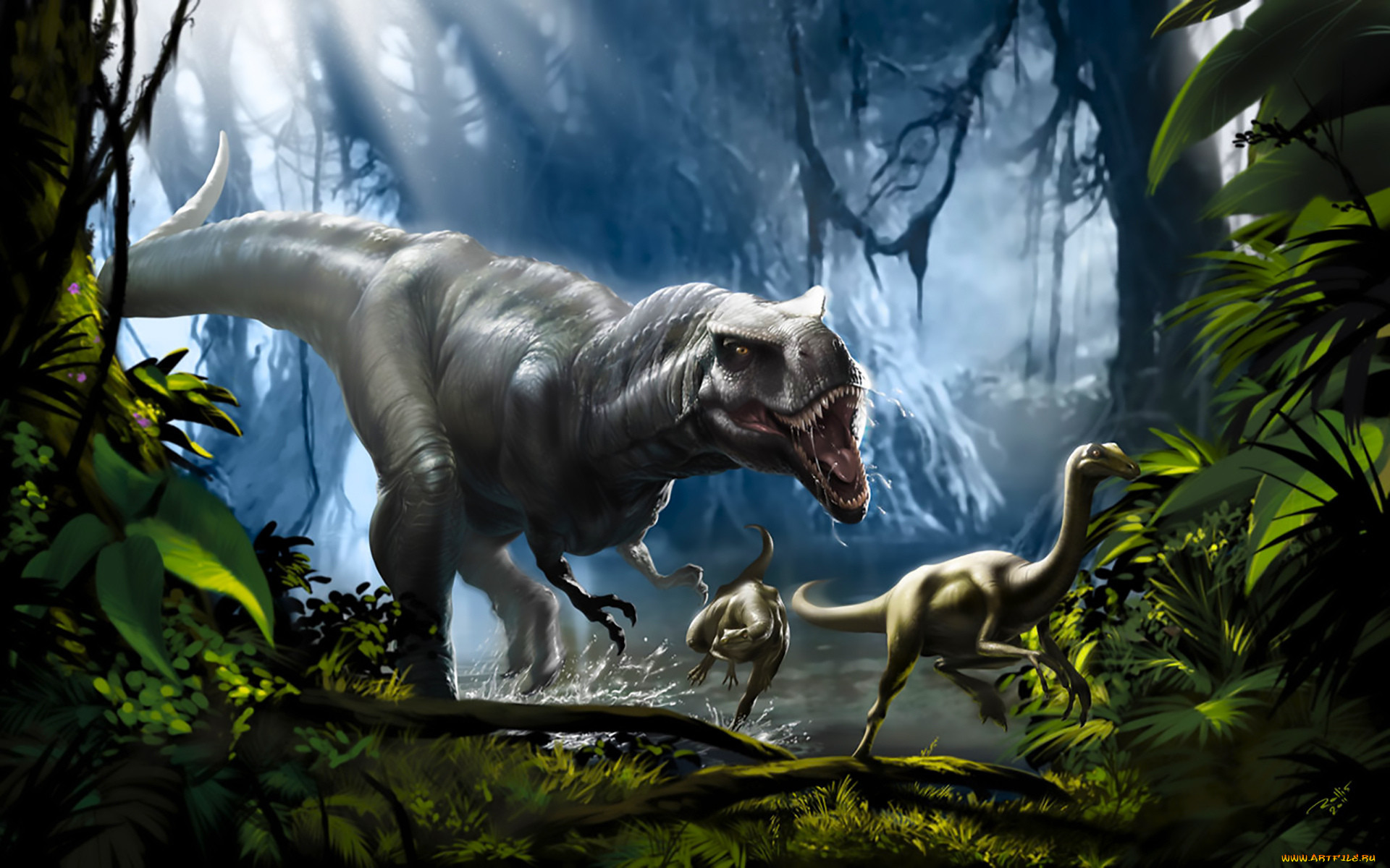 Тираннозавр мир Юрского периода в лесу